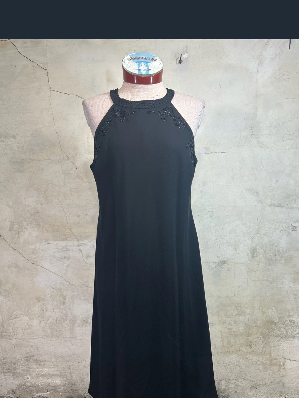 Vintage Black Beaded Halter Dress 16 Petite